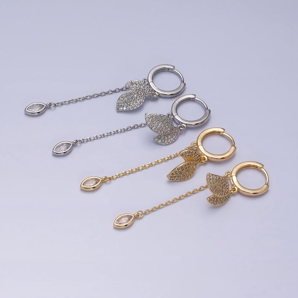 16K Gold plated Nature Leaf Clear Marquise Cable Drop Huggie Earrings in Gold & Silver | AD863 AD864