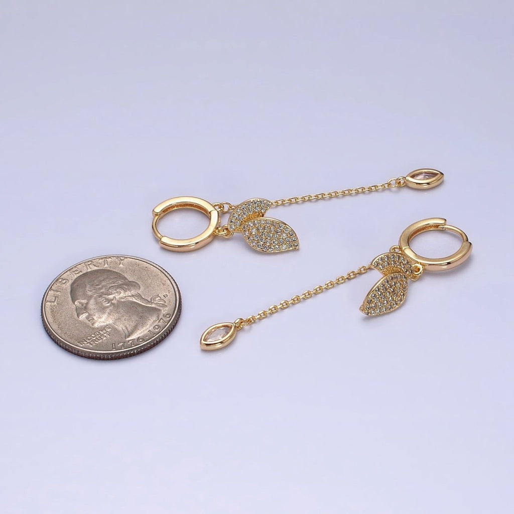 16K Gold plated Nature Leaf Clear Marquise Cable Drop Huggie Earrings in Gold & Silver | AD863 AD864