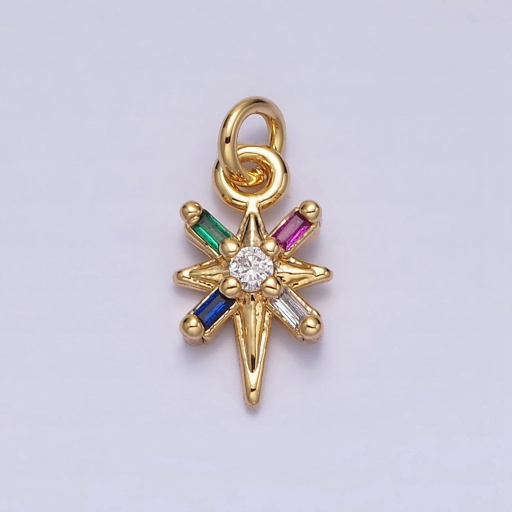 16K Gold plated North Star Celestial Multicolor, Clear Baguette CZ Charm in Gold & Silver | AC1296 AC1297