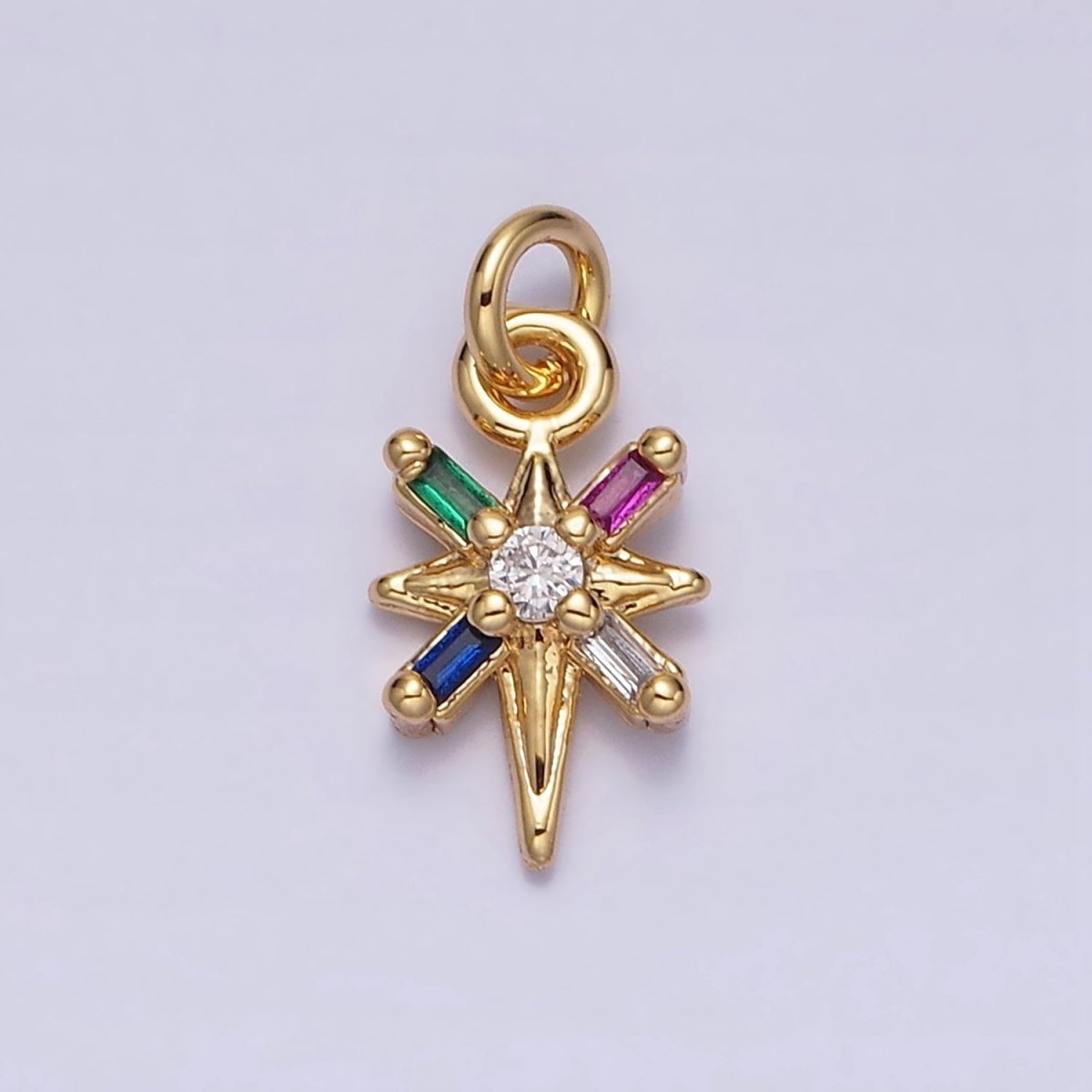 16K Gold plated North Star Celestial Multicolor, Clear Baguette CZ Charm in Gold & Silver | AC1296 AC1297