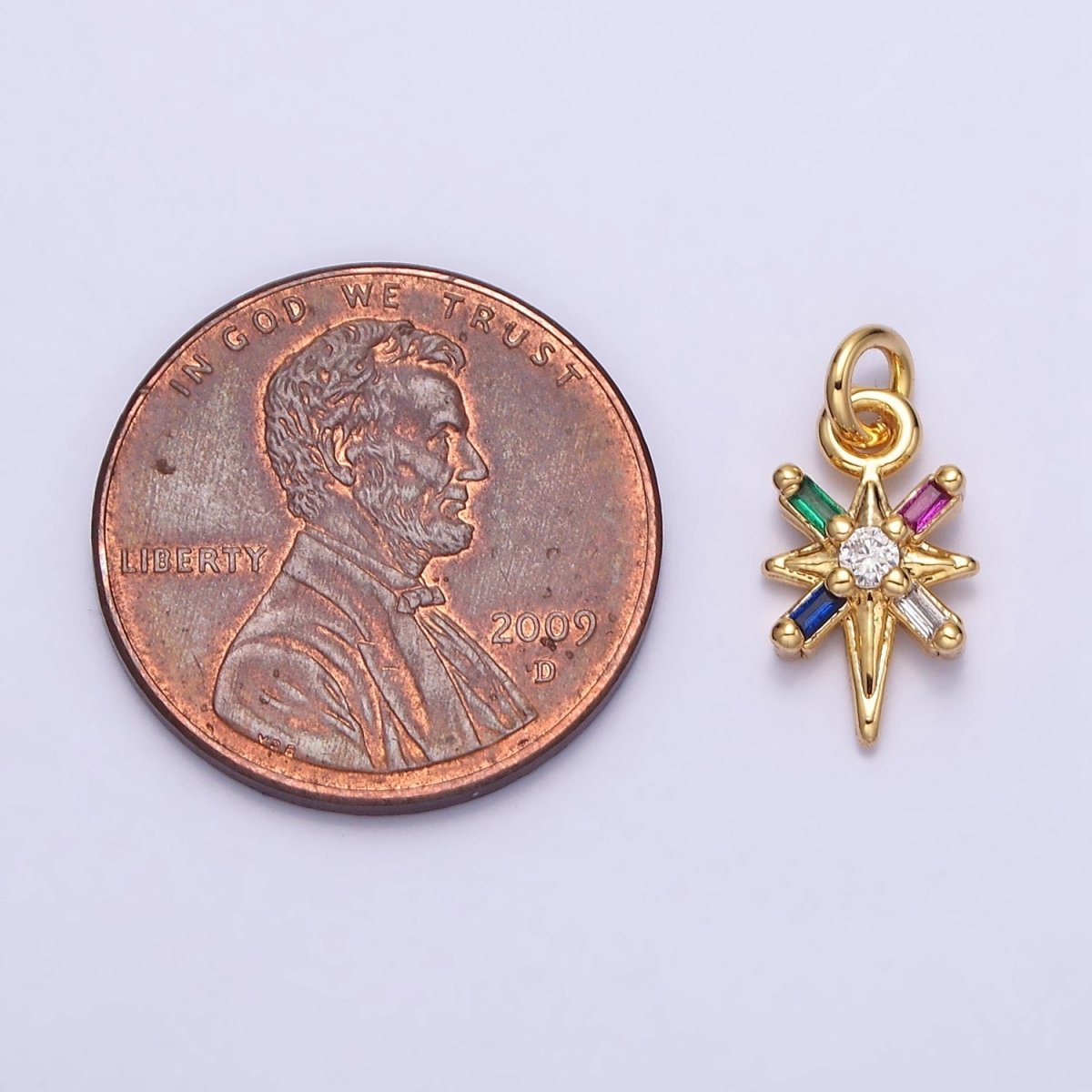 16K Gold plated North Star Celestial Multicolor, Clear Baguette CZ Charm in Gold & Silver | AC1296 AC1297