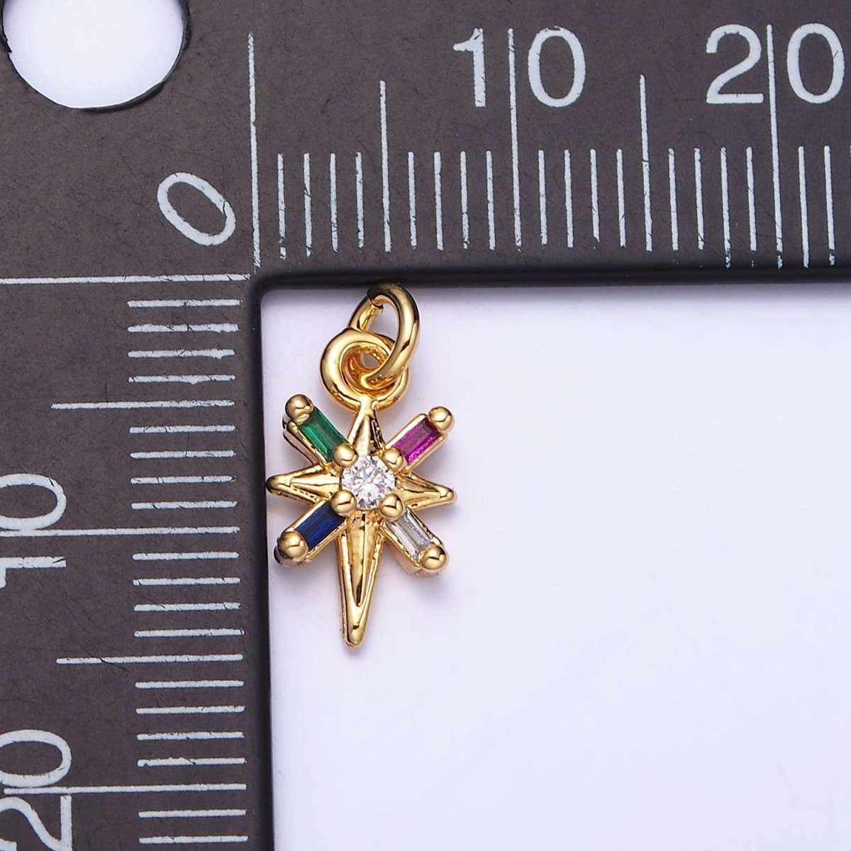 16K Gold plated North Star Celestial Multicolor, Clear Baguette CZ Charm in Gold & Silver | AC1296 AC1297