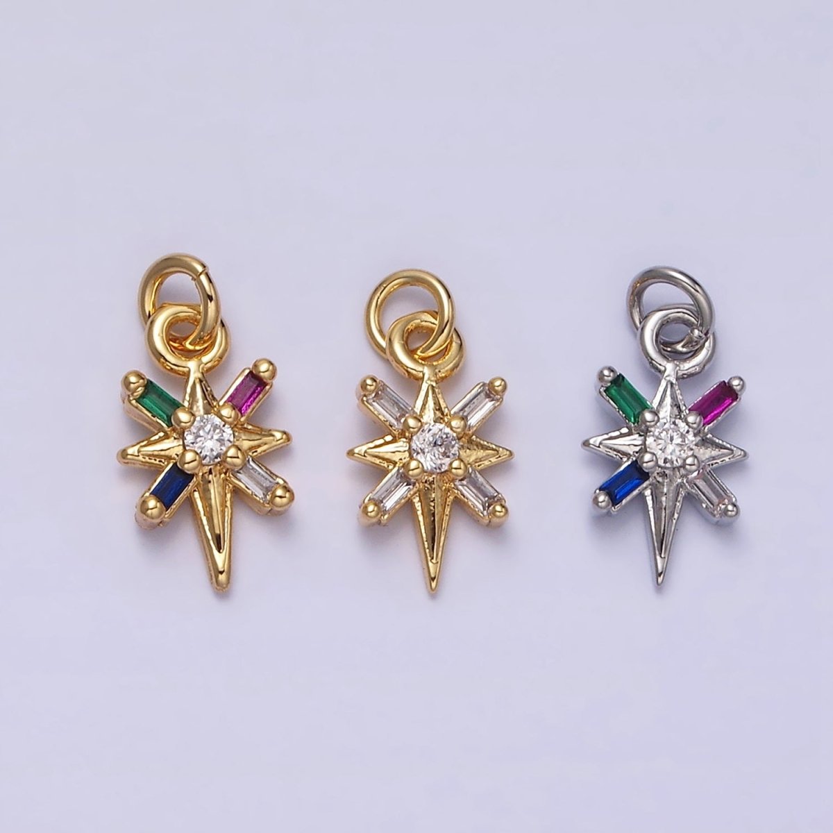 16K Gold plated North Star Celestial Multicolor, Clear Baguette CZ Charm in Gold & Silver | AC1296 AC1297