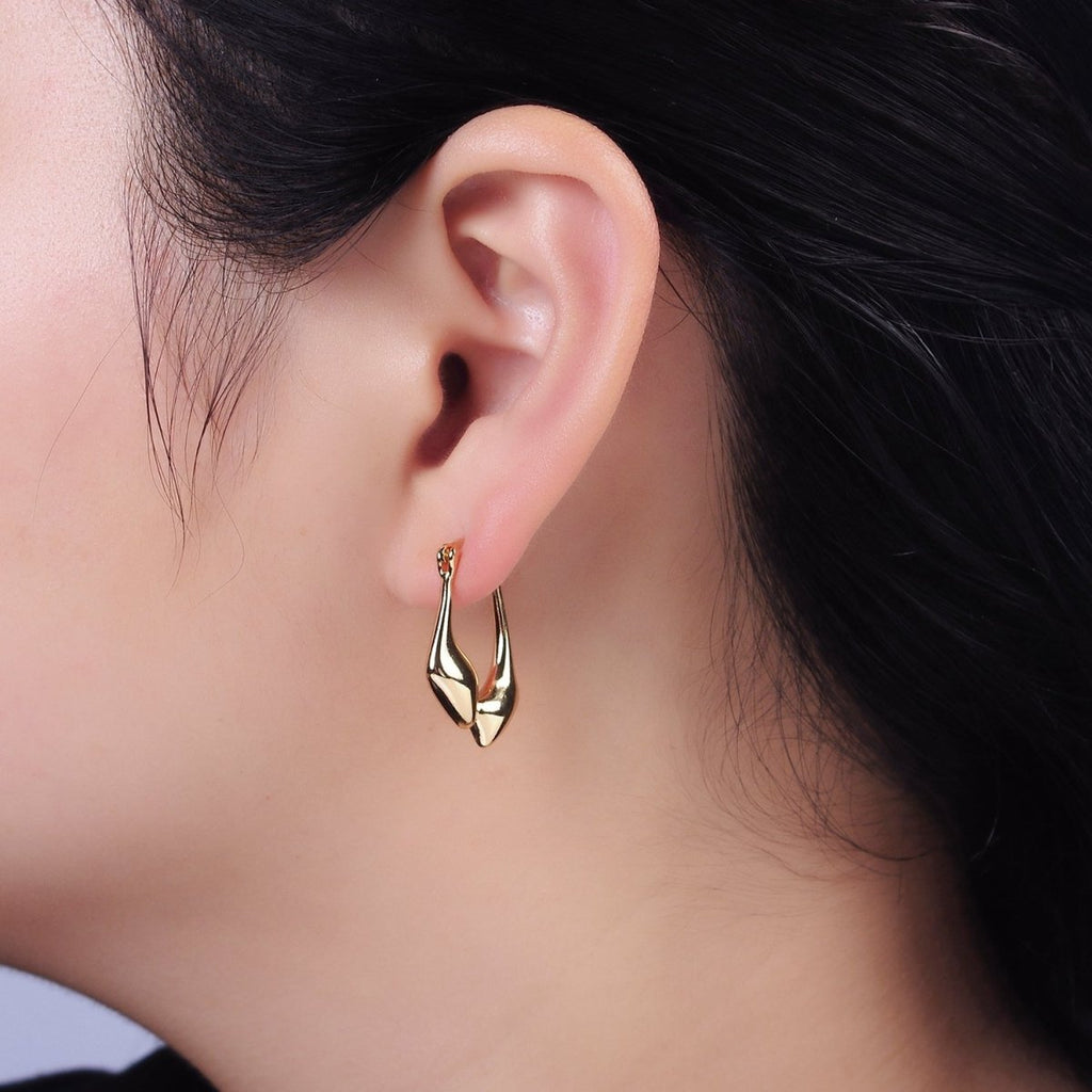 16K Gold plated Oblong Chubby Double Abstract Band French Lock Latch Earrings | AE575 - DLUXCA