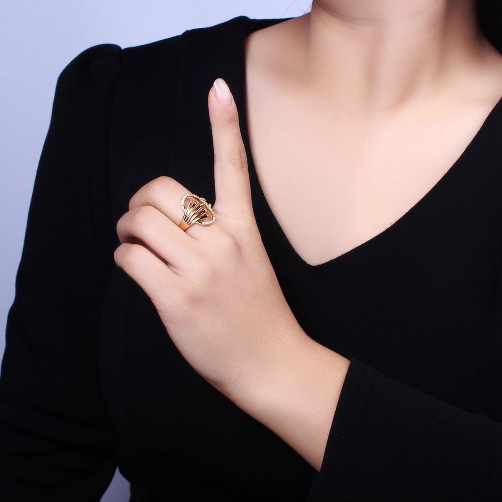 16K Gold plated Oblong Oval Micro Paved Multiple Band Ring in Gold & Silver | O-1922 O-1923