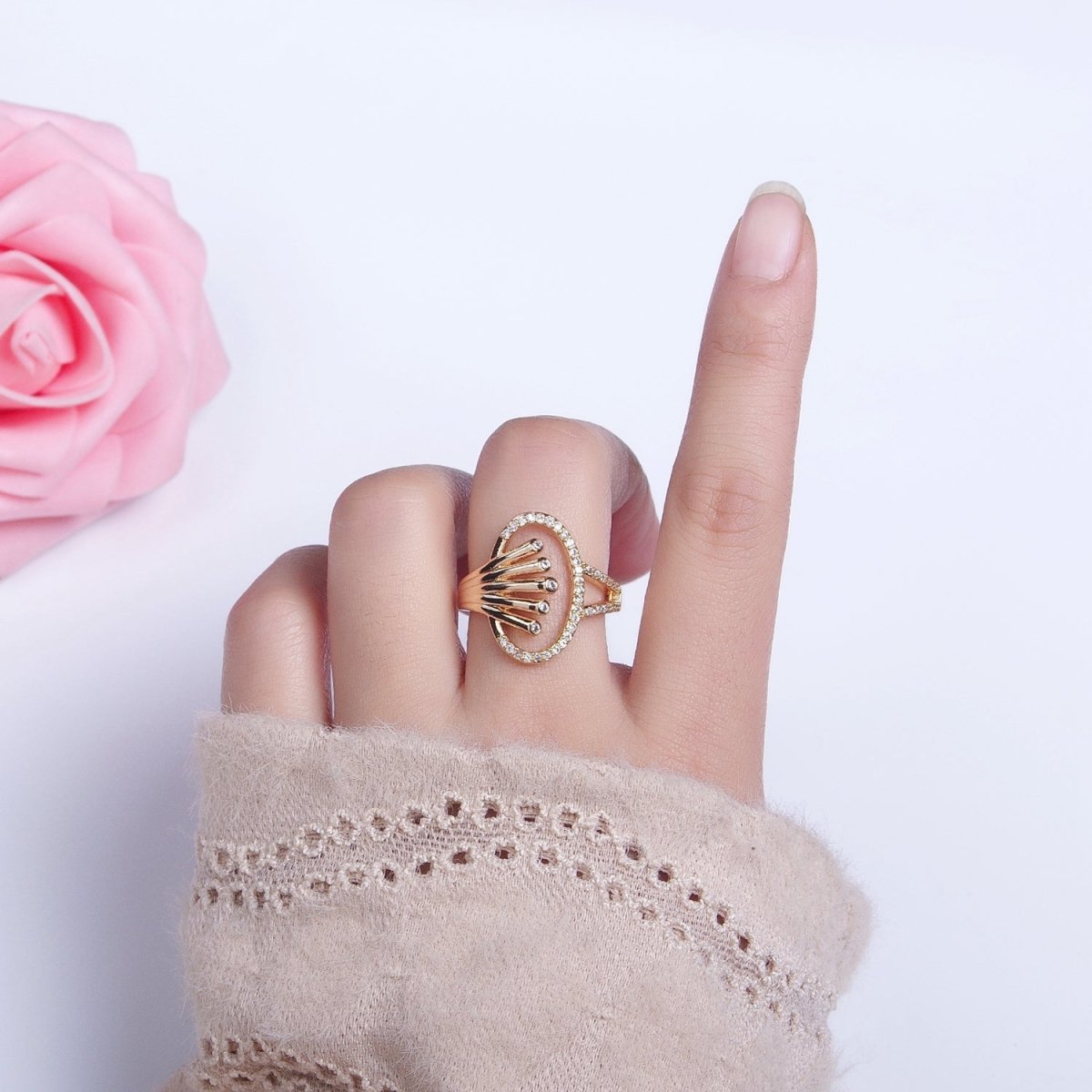16K Gold plated Oblong Oval Micro Paved Multiple Band Ring in Gold & Silver | O-1922 O-1923