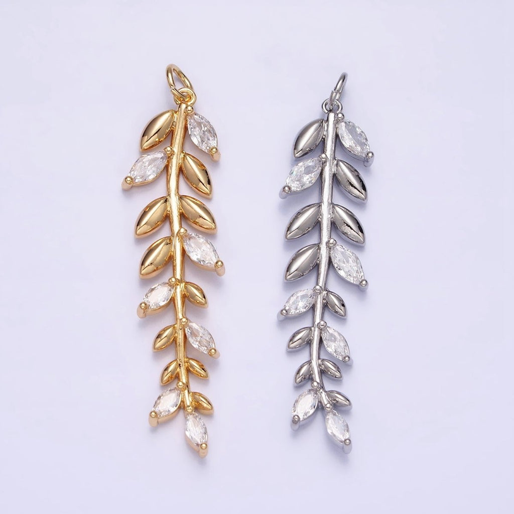 16K Gold plated Olive Leaf Clear Marquise CZ Long Charm in Gold & Silver | AC1201 AC1202