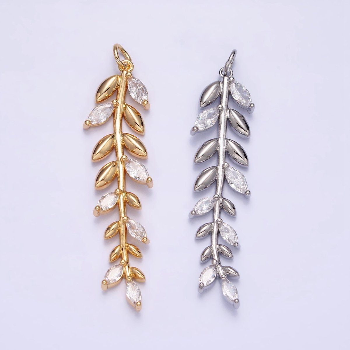 16K Gold plated Olive Leaf Clear Marquise CZ Long Charm in Gold & Silver | AC1201 AC1202