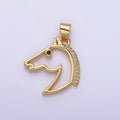16K Gold plated Open Black Eye Horse Animal Equestrian Pet Clear Micro Paved CZ Pendant | N1783 - DLUXCA