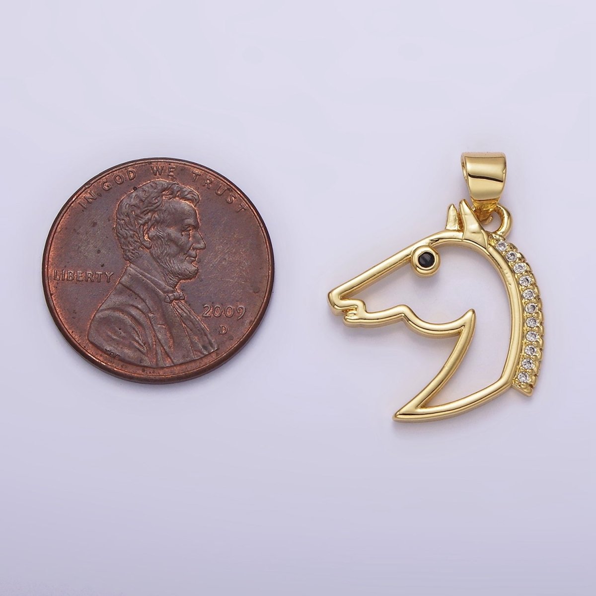 16K Gold plated Open Black Eye Horse Animal Equestrian Pet Clear Micro Paved CZ Pendant | N1783 - DLUXCA