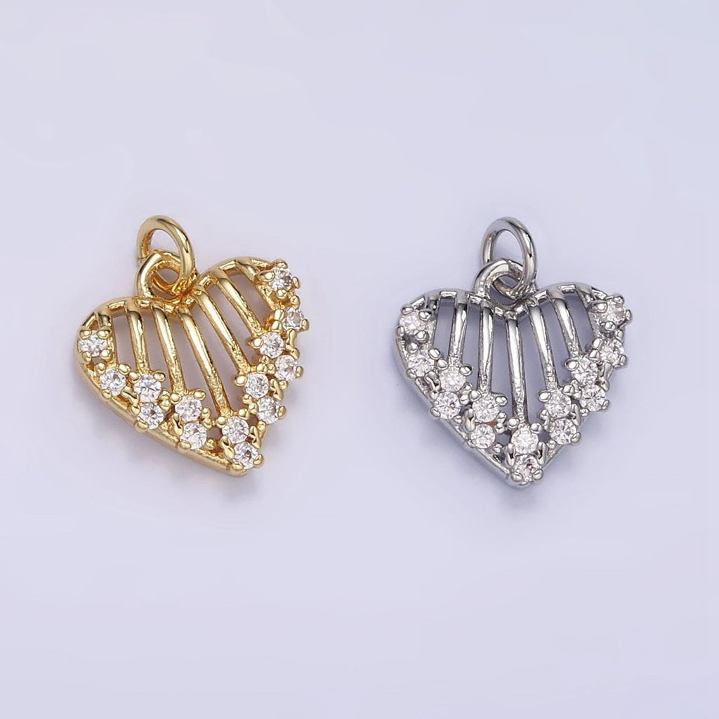 16K Gold plated Open Caged Heart Micro Paved CZ Charm in Gold & Silver | M115