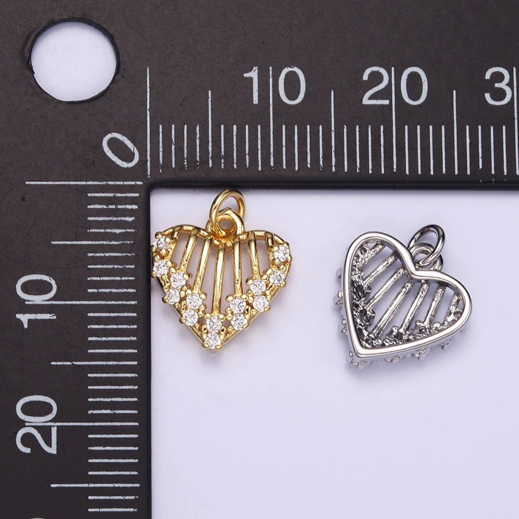 16K Gold plated Open Caged Heart Micro Paved CZ Charm in Gold & Silver | M115