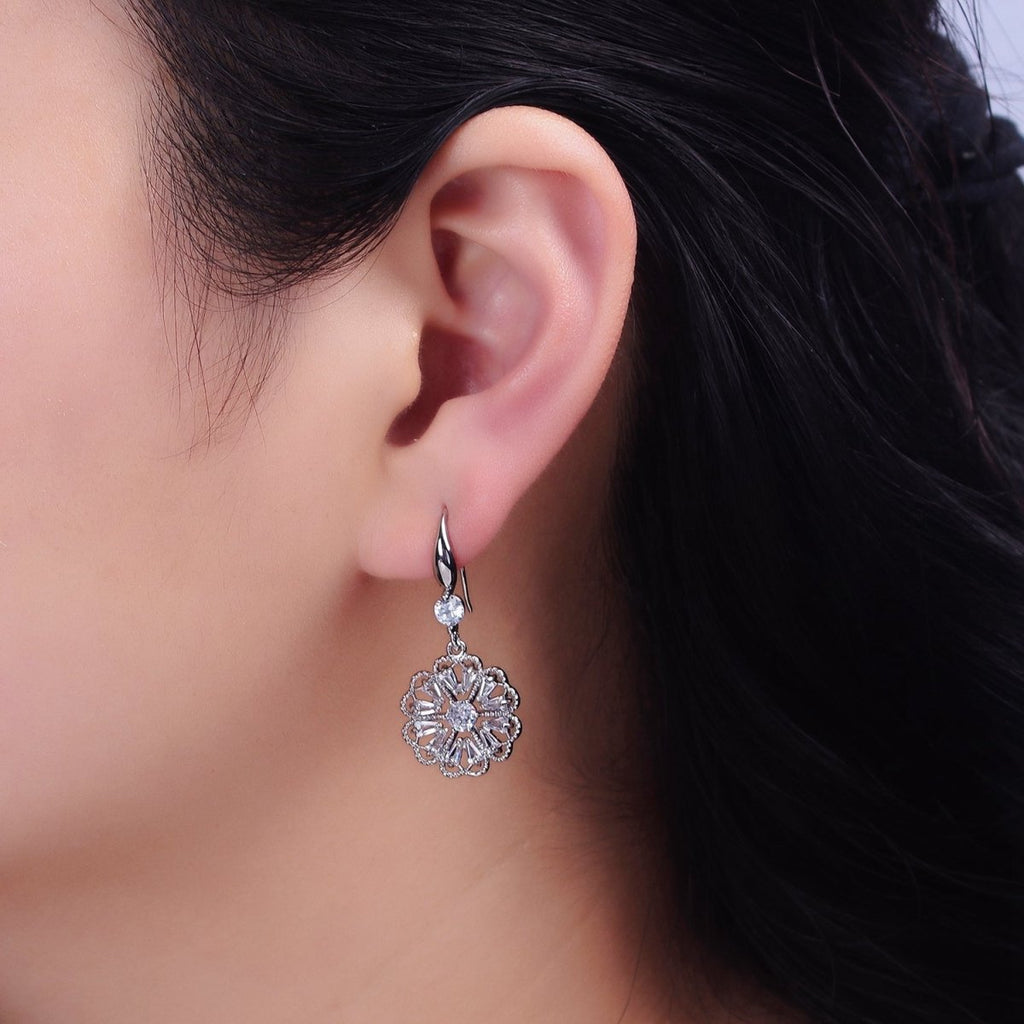 16K Gold plated Open Flower Triangle Baguette Beaded CZ Drop French Hook Earrings in Gold & Silver | AD1548 AD1549 - DLUXCA