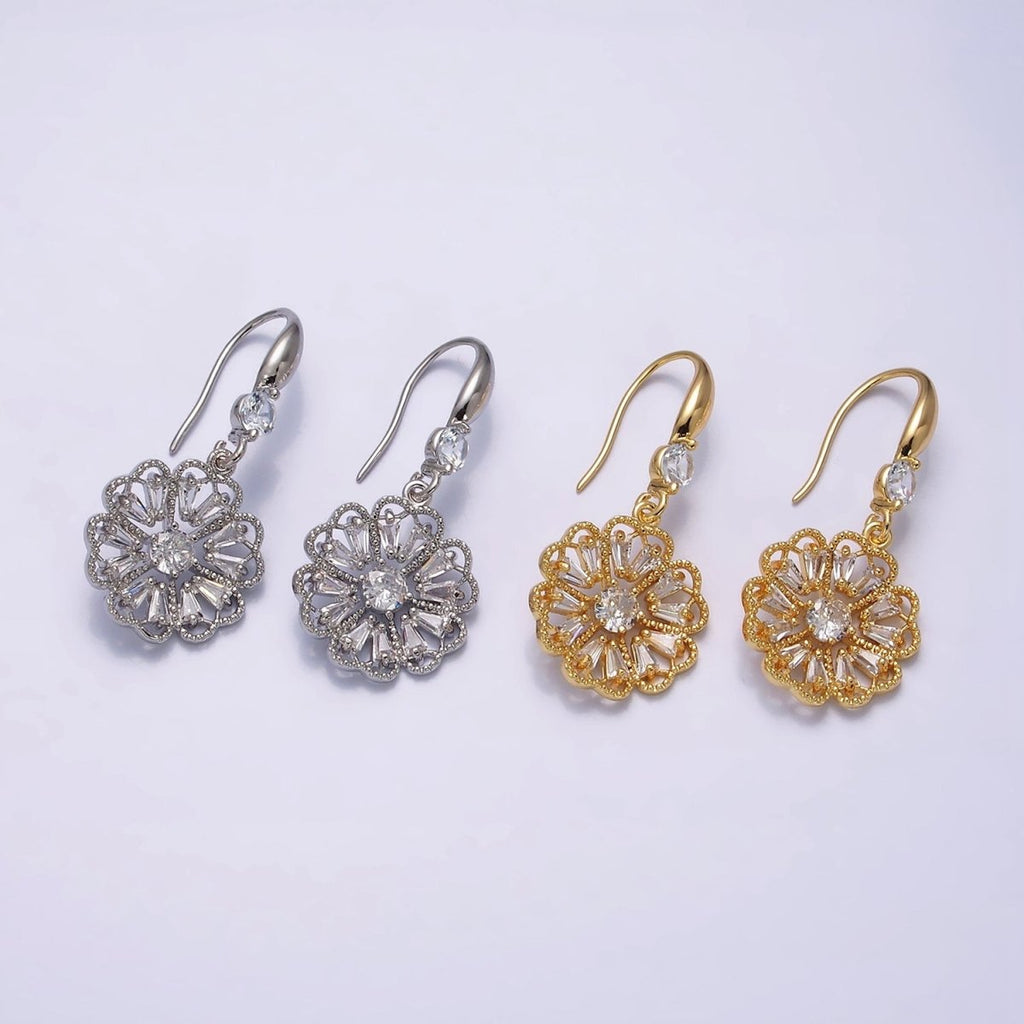 16K Gold plated Open Flower Triangle Baguette Beaded CZ Drop French Hook Earrings in Gold & Silver | AD1548 AD1549 - DLUXCA