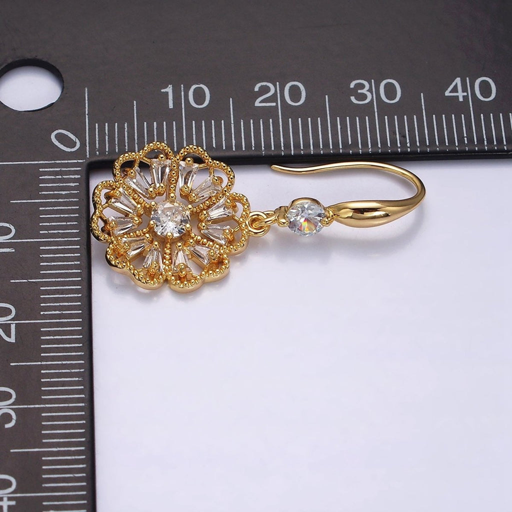 16K Gold plated Open Flower Triangle Baguette Beaded CZ Drop French Hook Earrings in Gold & Silver | AD1548 AD1549 - DLUXCA