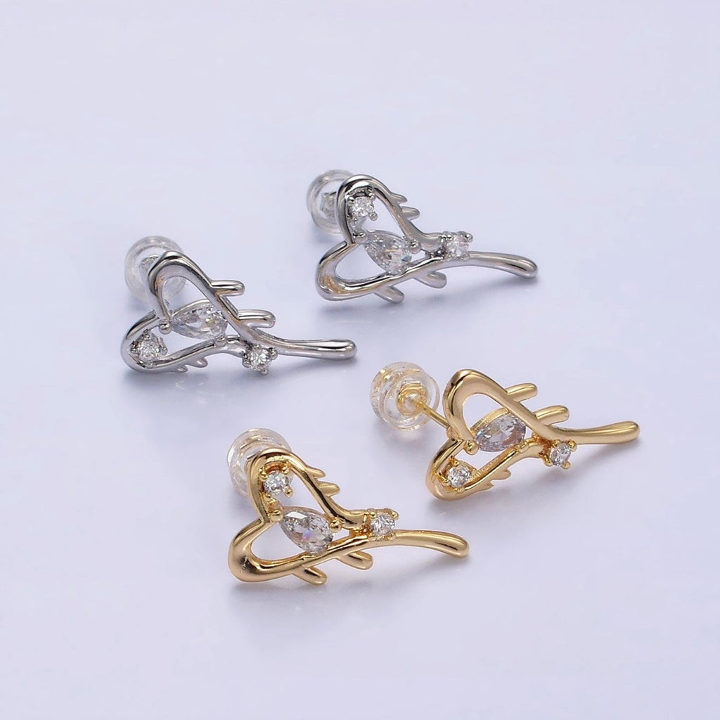 16K Gold plated Open Heart Clear Teardrop Molten Drip Stud Earrings in Gold & Silver | AD1120 AD1121