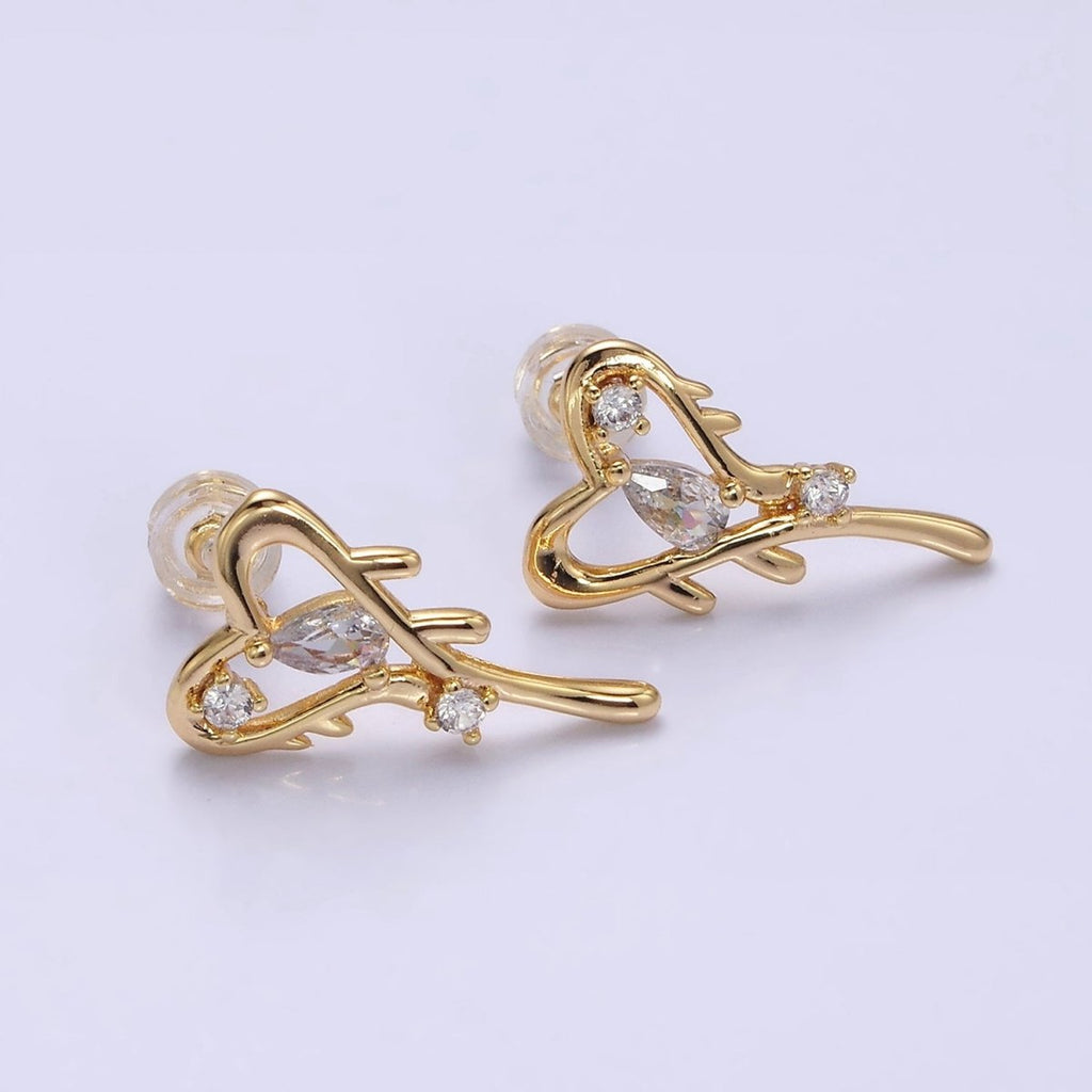 16K Gold plated Open Heart Clear Teardrop Molten Drip Stud Earrings in Gold & Silver | AD1120 AD1121