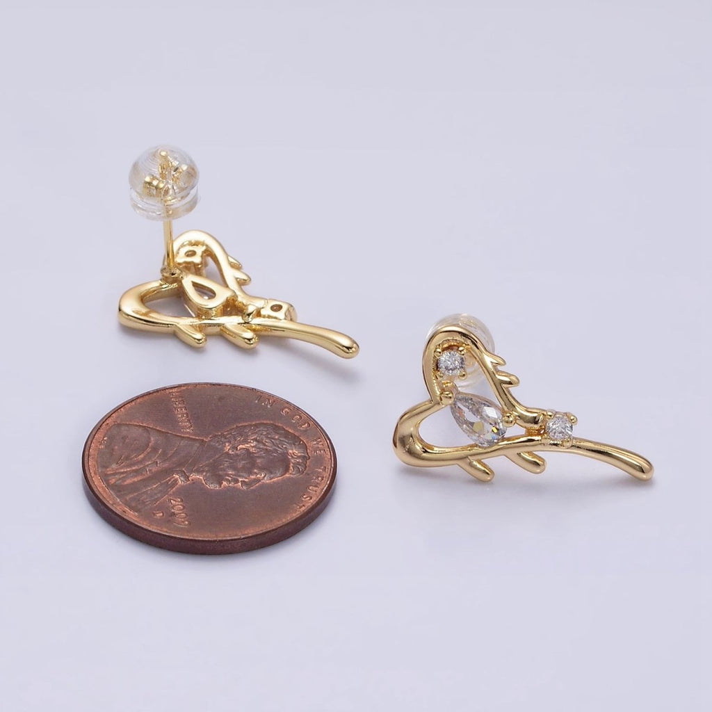 16K Gold plated Open Heart Clear Teardrop Molten Drip Stud Earrings in Gold & Silver | AD1120 AD1121
