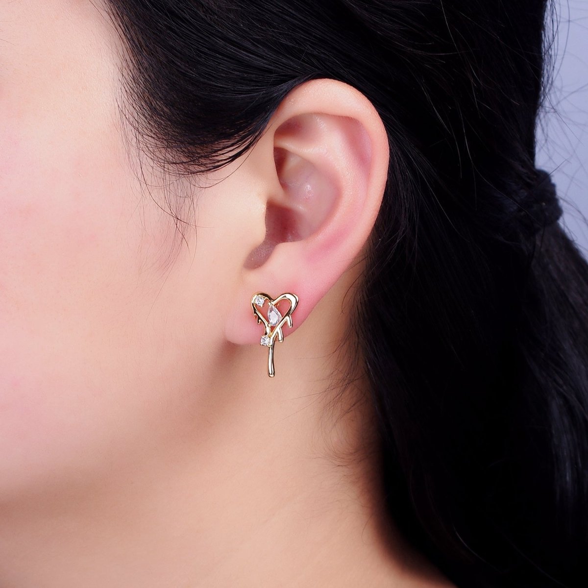 16K Gold plated Open Heart Clear Teardrop Molten Drip Stud Earrings in Gold & Silver | AD1120 AD1121