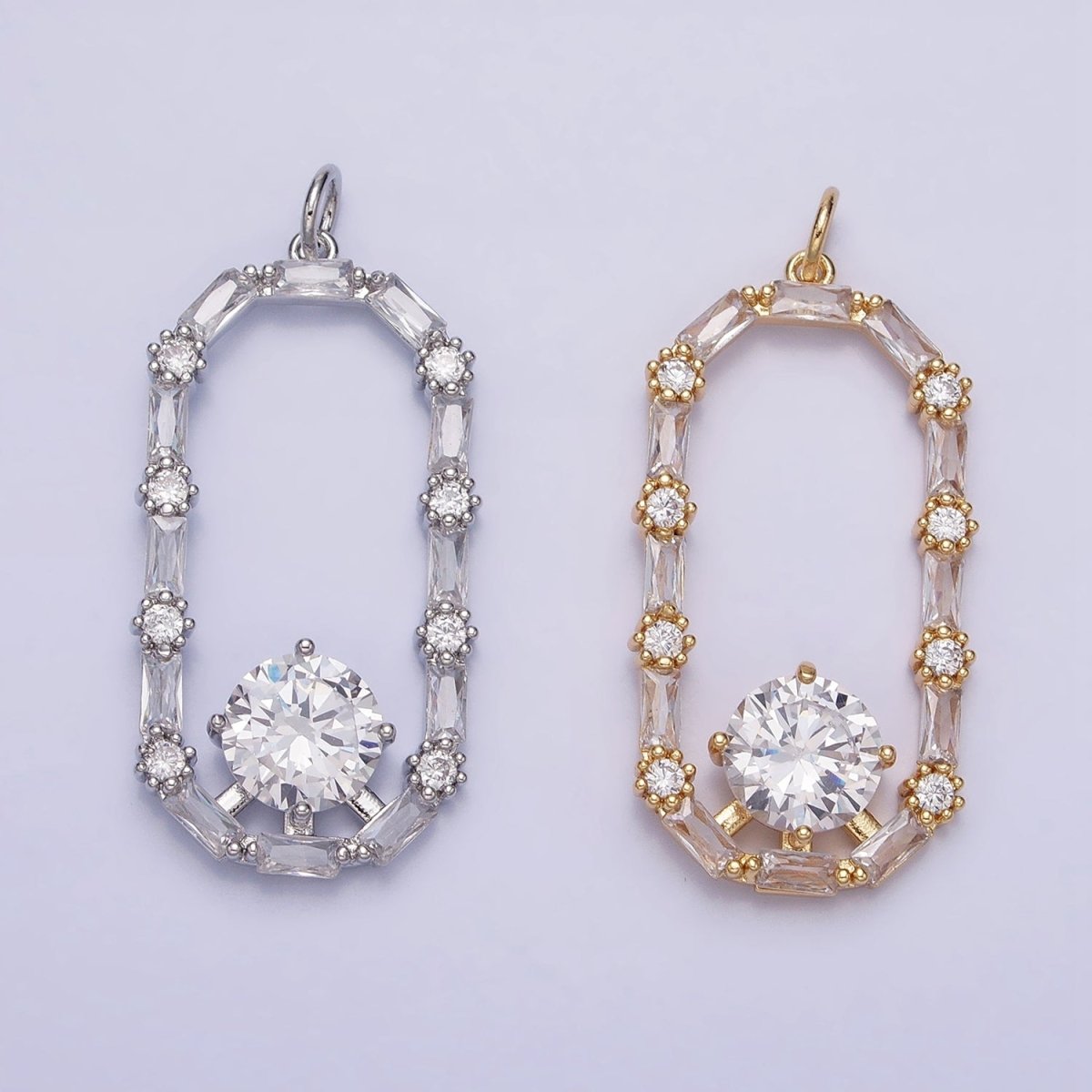 16K Gold plated Open Oblong Clear CZ Baguette Round CZ Charm in Gold & Silver | AC970 AC971