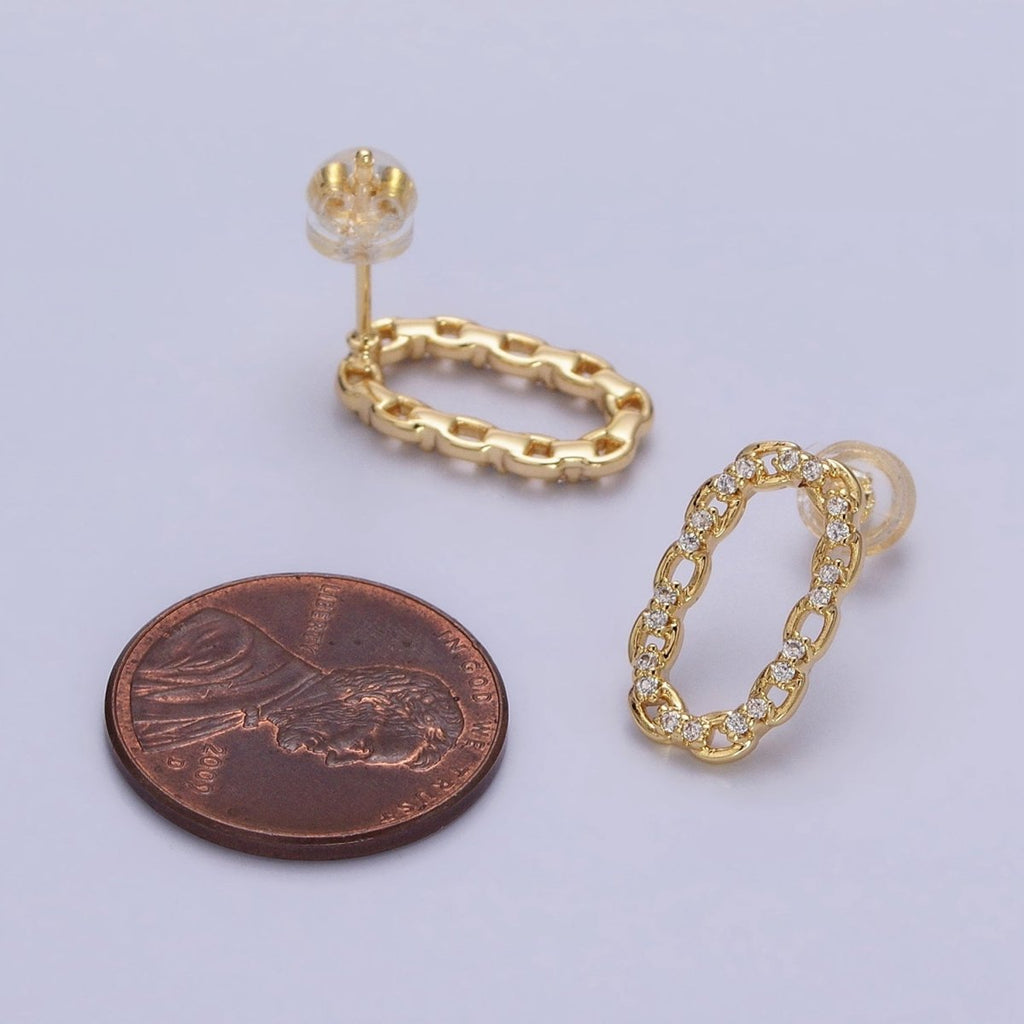 16K Gold plated Open Oblong CZ Cable Link Stud Earrings in Gold & Silver | AD1309 AD1331