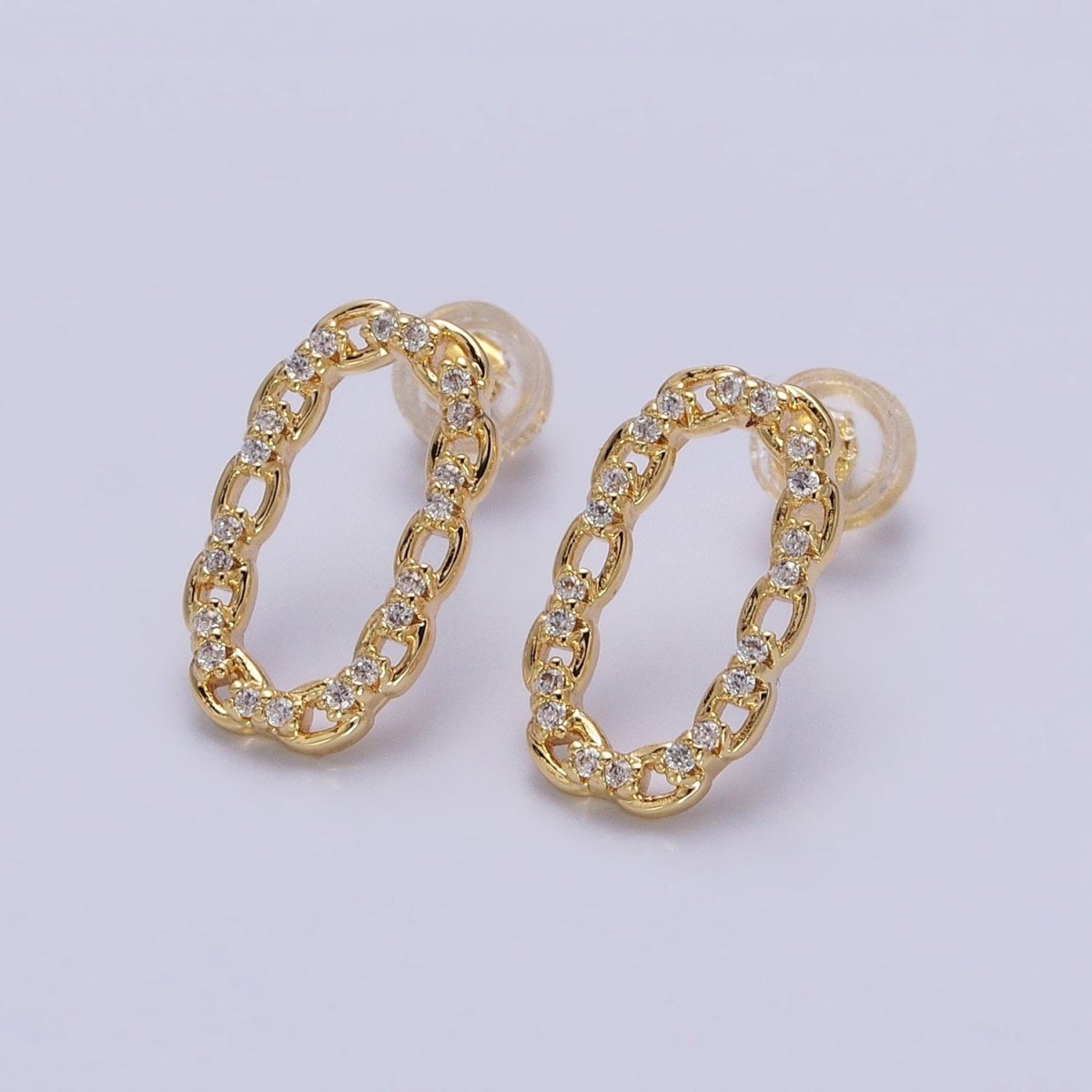 16K Gold plated Open Oblong CZ Cable Link Stud Earrings in Gold & Silver | AD1309 AD1331