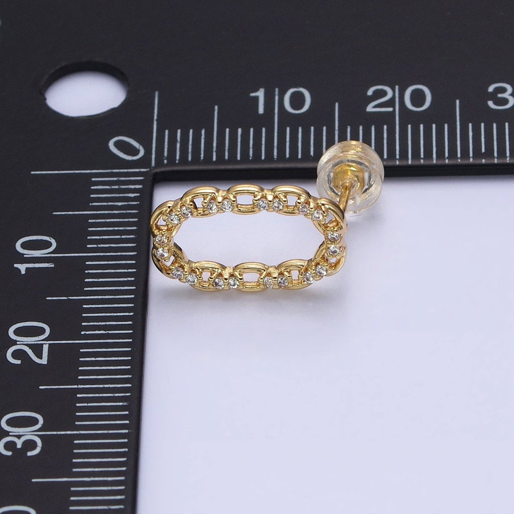 16K Gold plated Open Oblong CZ Cable Link Stud Earrings in Gold & Silver | AD1309 AD1331