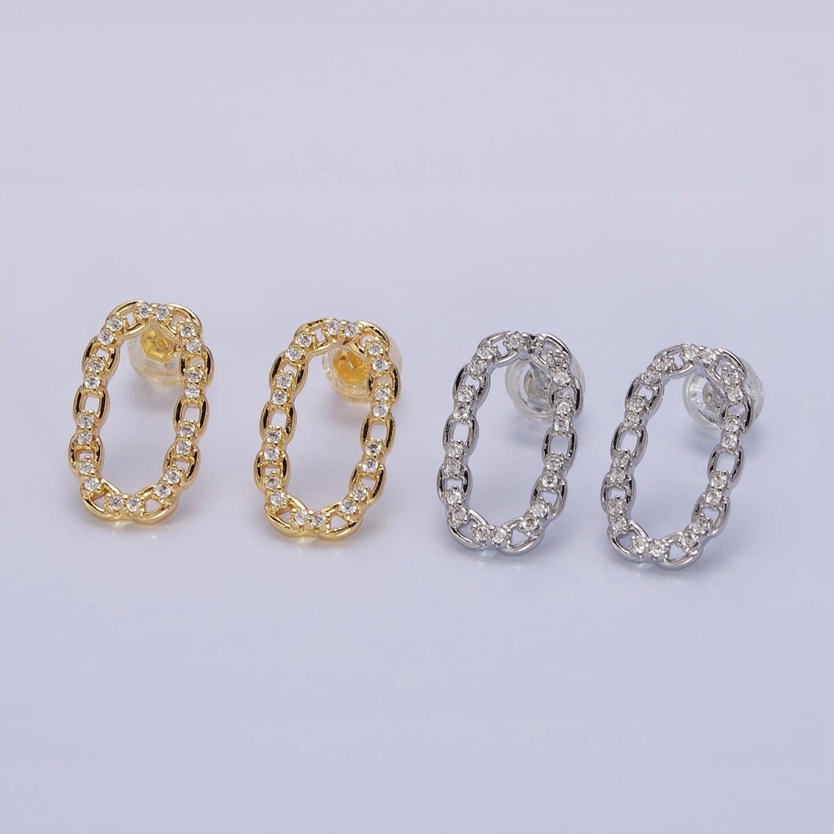 16K Gold plated Open Oblong CZ Cable Link Stud Earrings in Gold & Silver | AD1309 AD1331