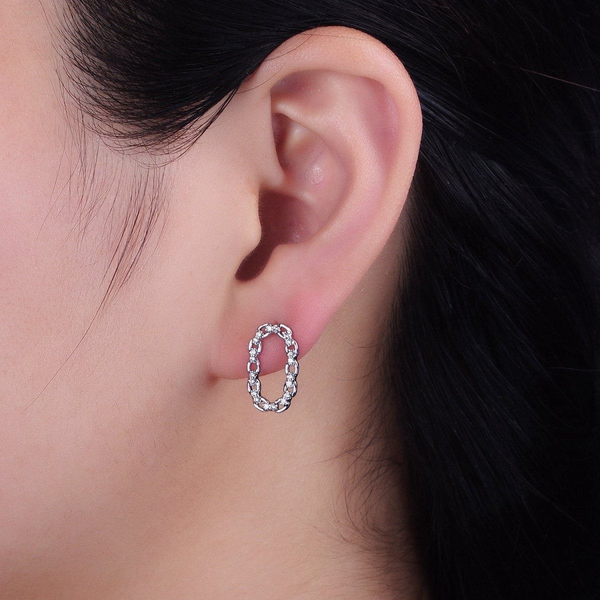 16K Gold plated Open Oblong CZ Cable Link Stud Earrings in Gold & Silver | AD1309 AD1331