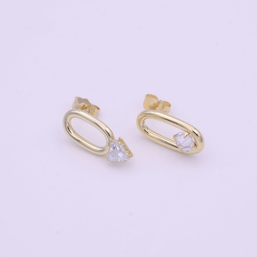 16K Gold plated Open Oblong Oval Triangle Round Clear CZ Geometric Stud Earrings | Y-164 - DLUXCA