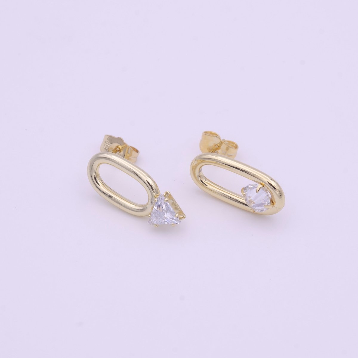 16K Gold plated Open Oblong Oval Triangle Round Clear CZ Geometric Stud Earrings | Y-164 - DLUXCA