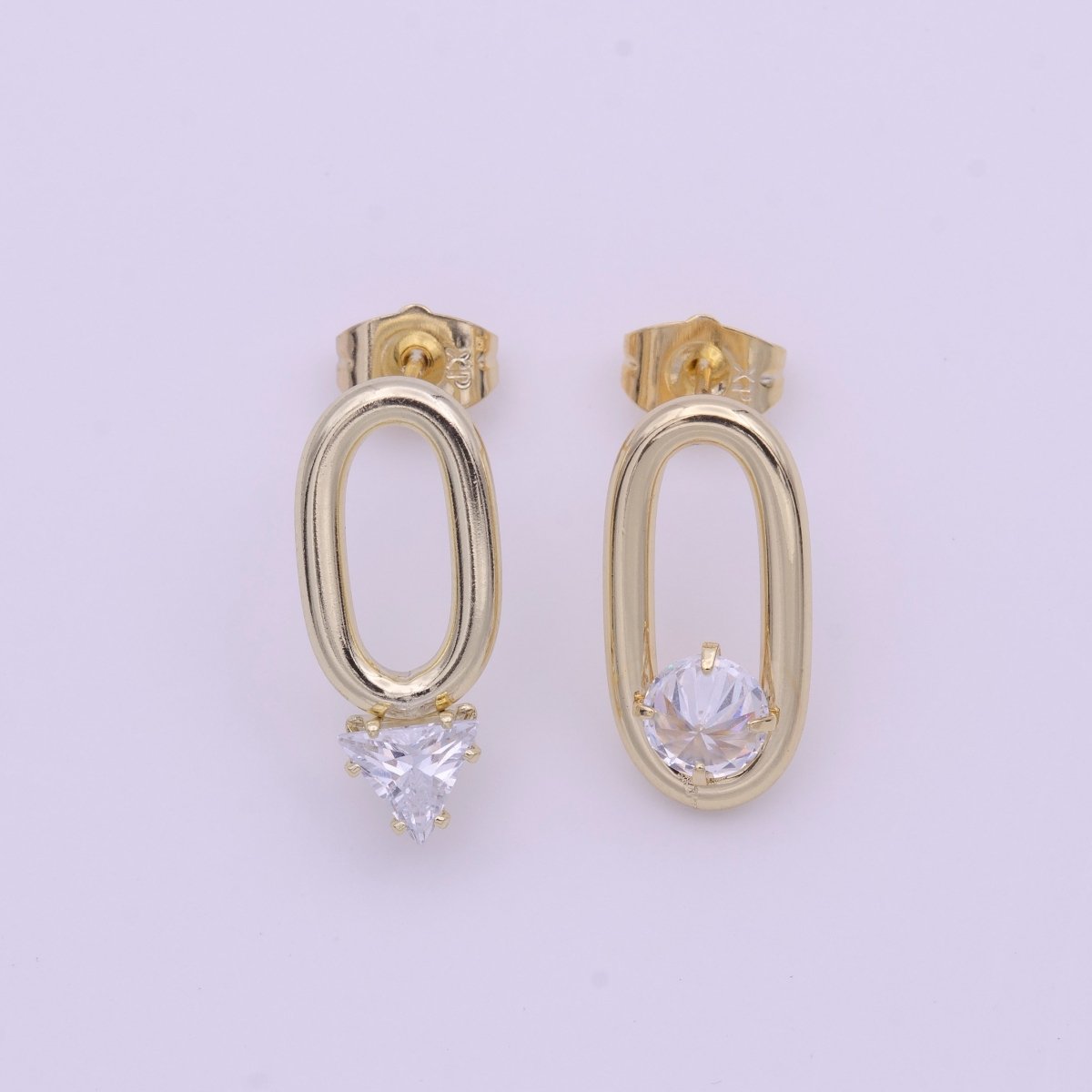 16K Gold plated Open Oblong Oval Triangle Round Clear CZ Geometric Stud Earrings | Y-164 - DLUXCA