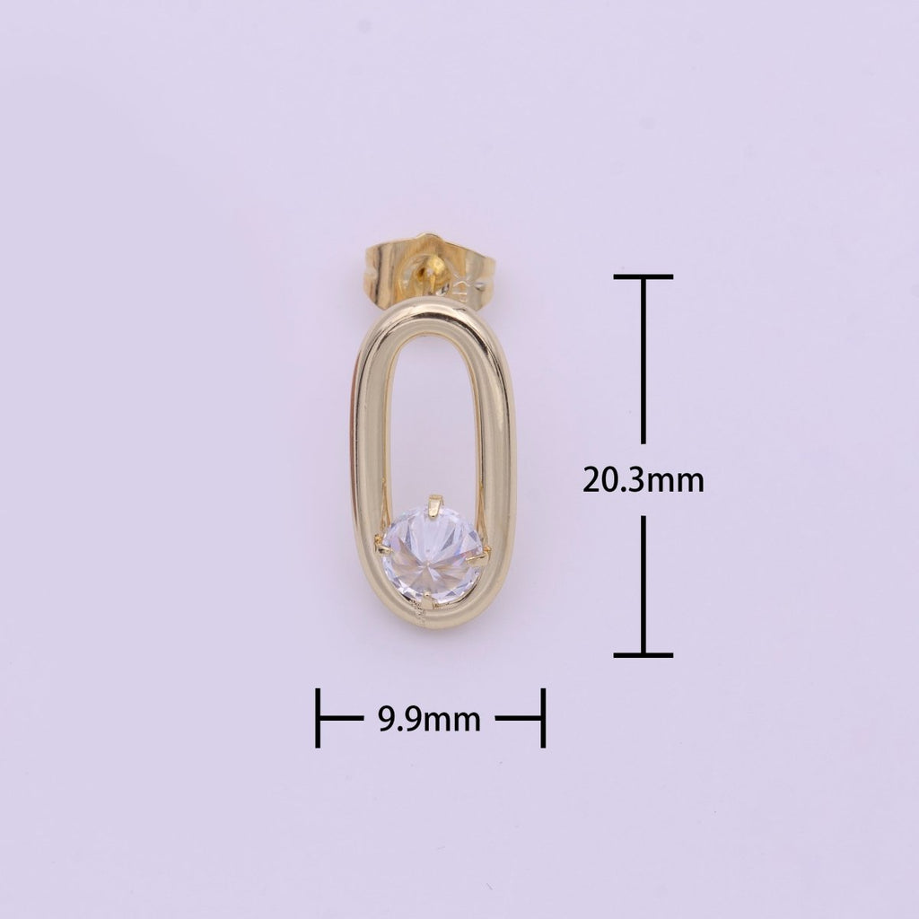 16K Gold plated Open Oblong Oval Triangle Round Clear CZ Geometric Stud Earrings | Y-164 - DLUXCA