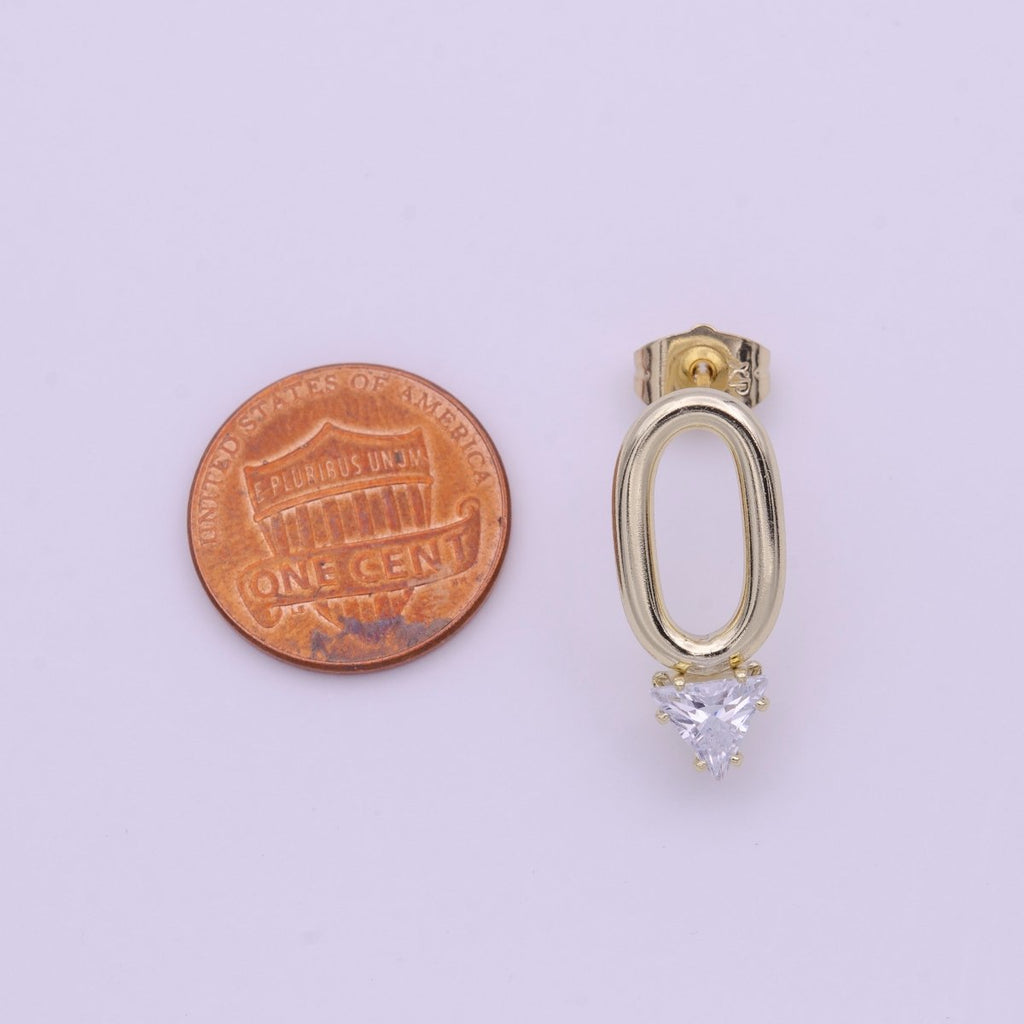 16K Gold plated Open Oblong Oval Triangle Round Clear CZ Geometric Stud Earrings | Y-164 - DLUXCA