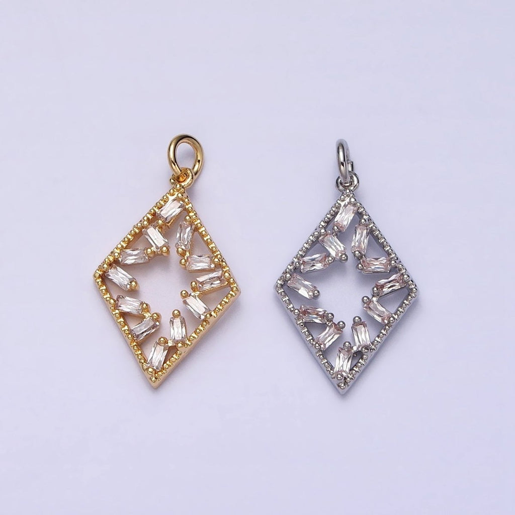 16K Gold plated Open Rhombus Clear Baguette CZ Add-On Charm in Gold & Silver | AC1211 AC1212