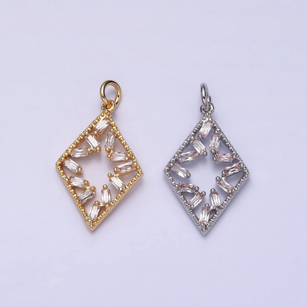 16K Gold plated Open Rhombus Clear Baguette CZ Add-On Charm in Gold & Silver | AC1211 AC1212