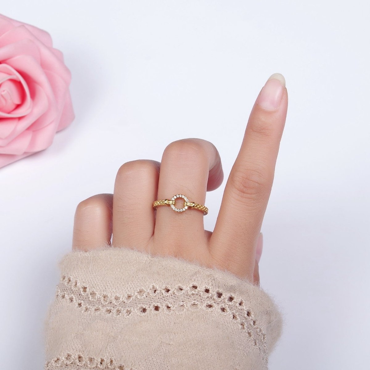 16K Gold plated Open Round Micro Paved CZ Beaded Band Ring | O1237 - DLUXCA