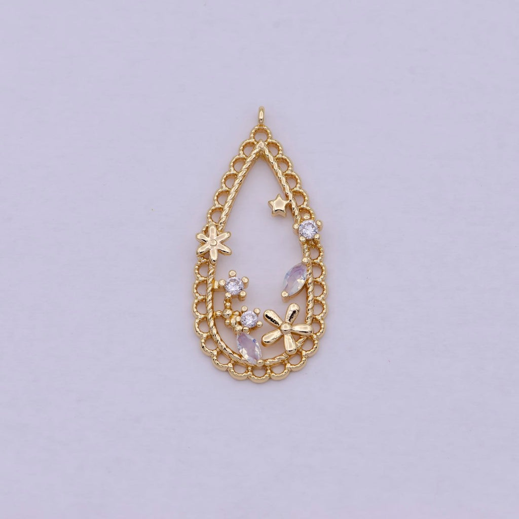16K Gold plated Open Teardrop Flowers Marquise Charm | C-434 - DLUXCA