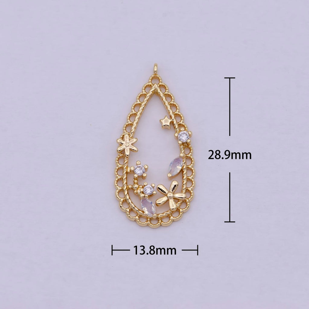 16K Gold plated Open Teardrop Flowers Marquise Charm | C-434 - DLUXCA