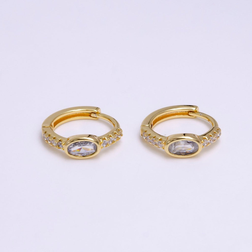 16K Gold plated Oval Micro Paved CZ 13mm Cartilage Huggie Earring in Gold & Silver | AE777 AE778