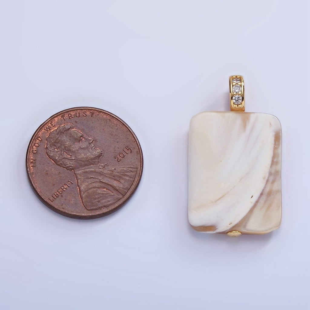 16K Gold plated Peach White Shell Pearl Rectangle Micro Paved CZ Pendant | P1746 - DLUXCA