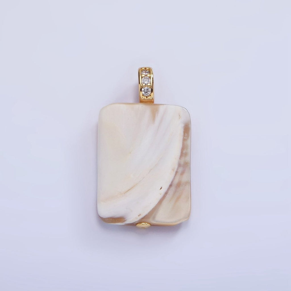 16K Gold plated Peach White Shell Pearl Rectangle Micro Paved CZ Pendant | P1746 - DLUXCA