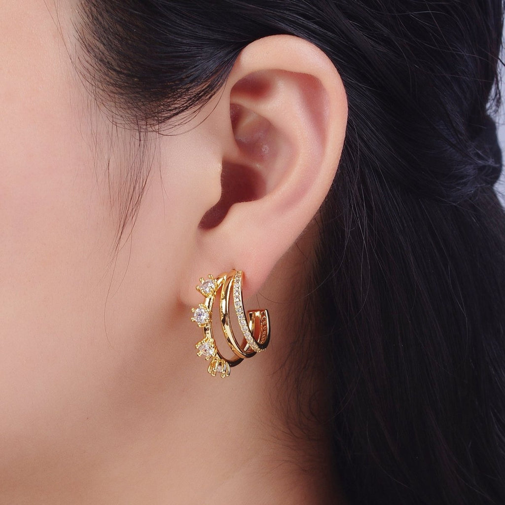 16K Gold plated Pearl CZ Micro Paved Triple Band C-Shaped Mismatched Hoop Earrings | AE544 - DLUXCA
