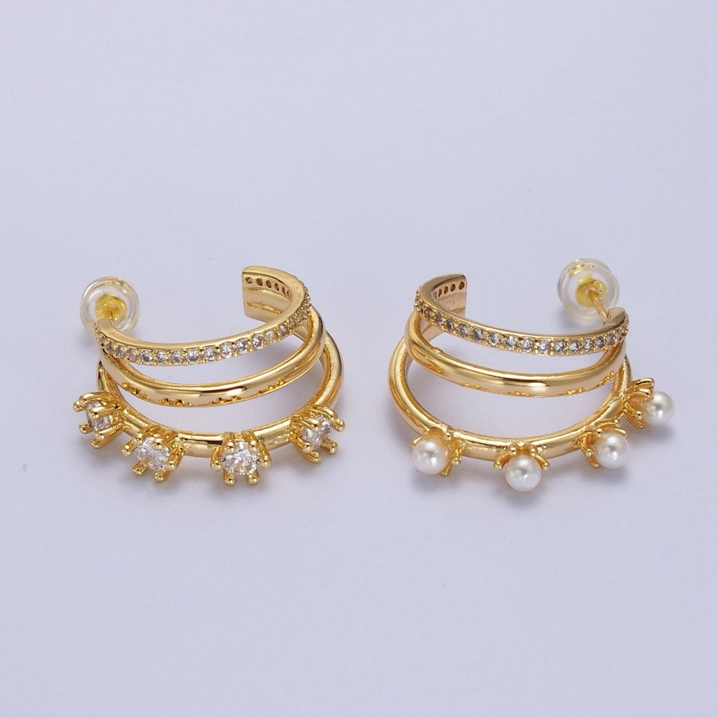 16K Gold plated Pearl CZ Micro Paved Triple Band C-Shaped Mismatched Hoop Earrings | AE544 - DLUXCA