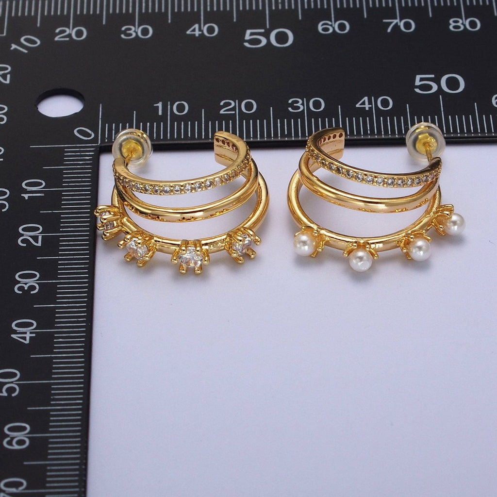 16K Gold plated Pearl CZ Micro Paved Triple Band C-Shaped Mismatched Hoop Earrings | AE544 - DLUXCA