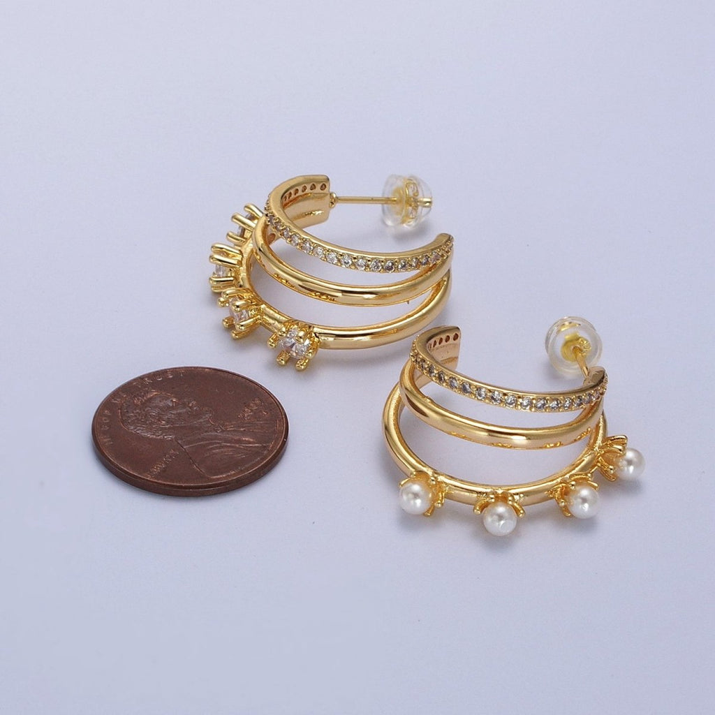 16K Gold plated Pearl CZ Micro Paved Triple Band C-Shaped Mismatched Hoop Earrings | AE544 - DLUXCA