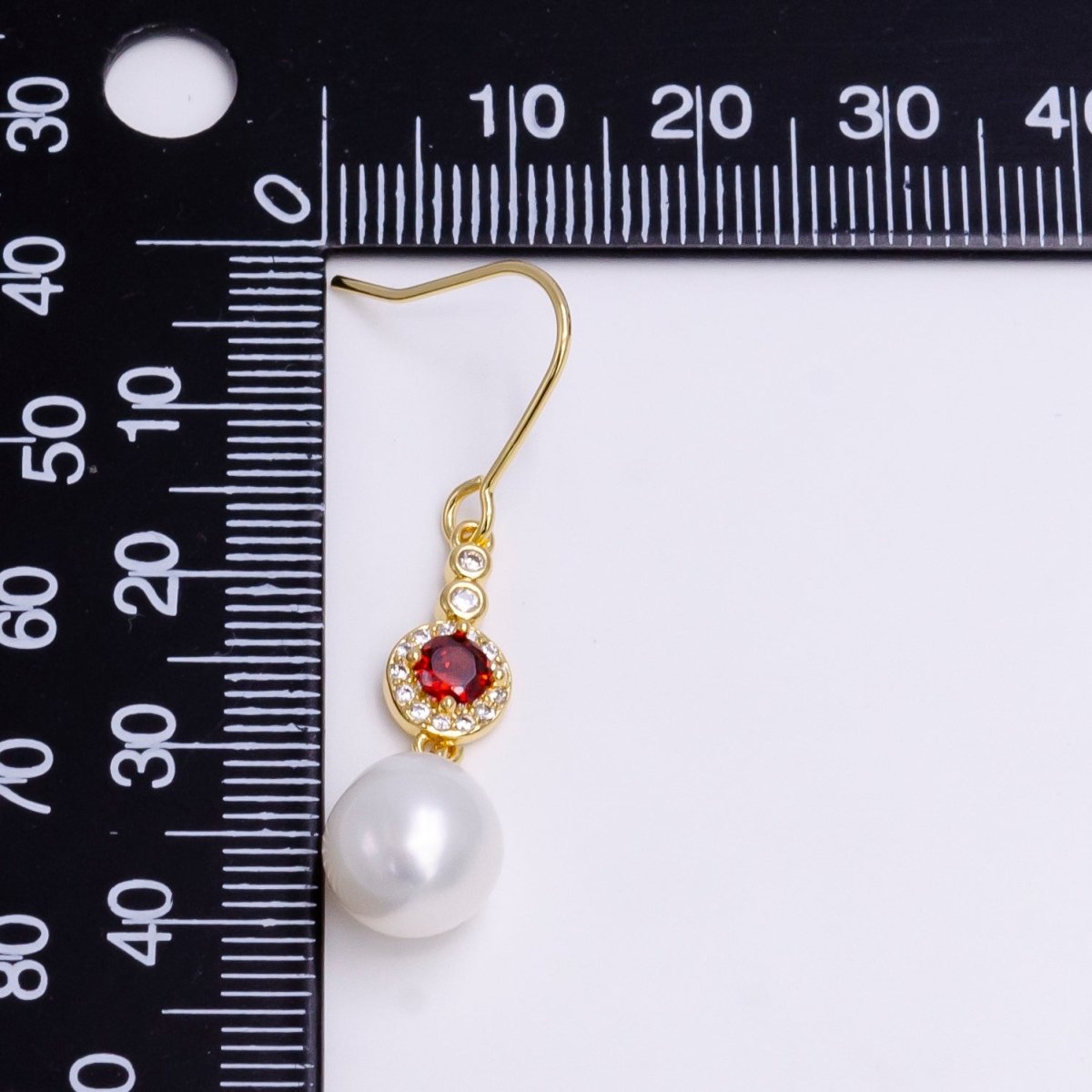 16K Gold plated Pearl Drop Micro Paved Round Red CZ French Hook Earrings | AE776 - DLUXCA