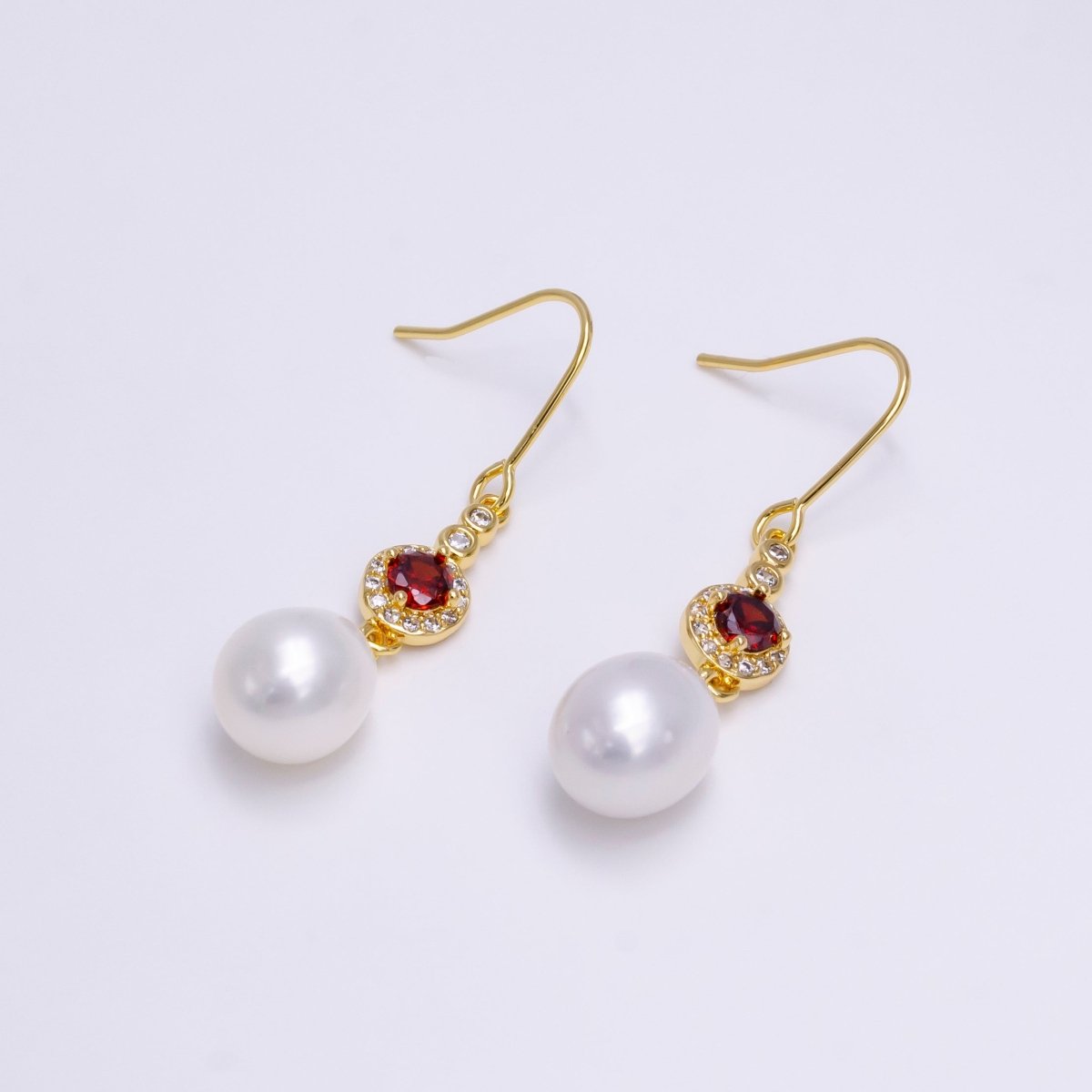 16K Gold plated Pearl Drop Micro Paved Round Red CZ French Hook Earrings | AE776 - DLUXCA