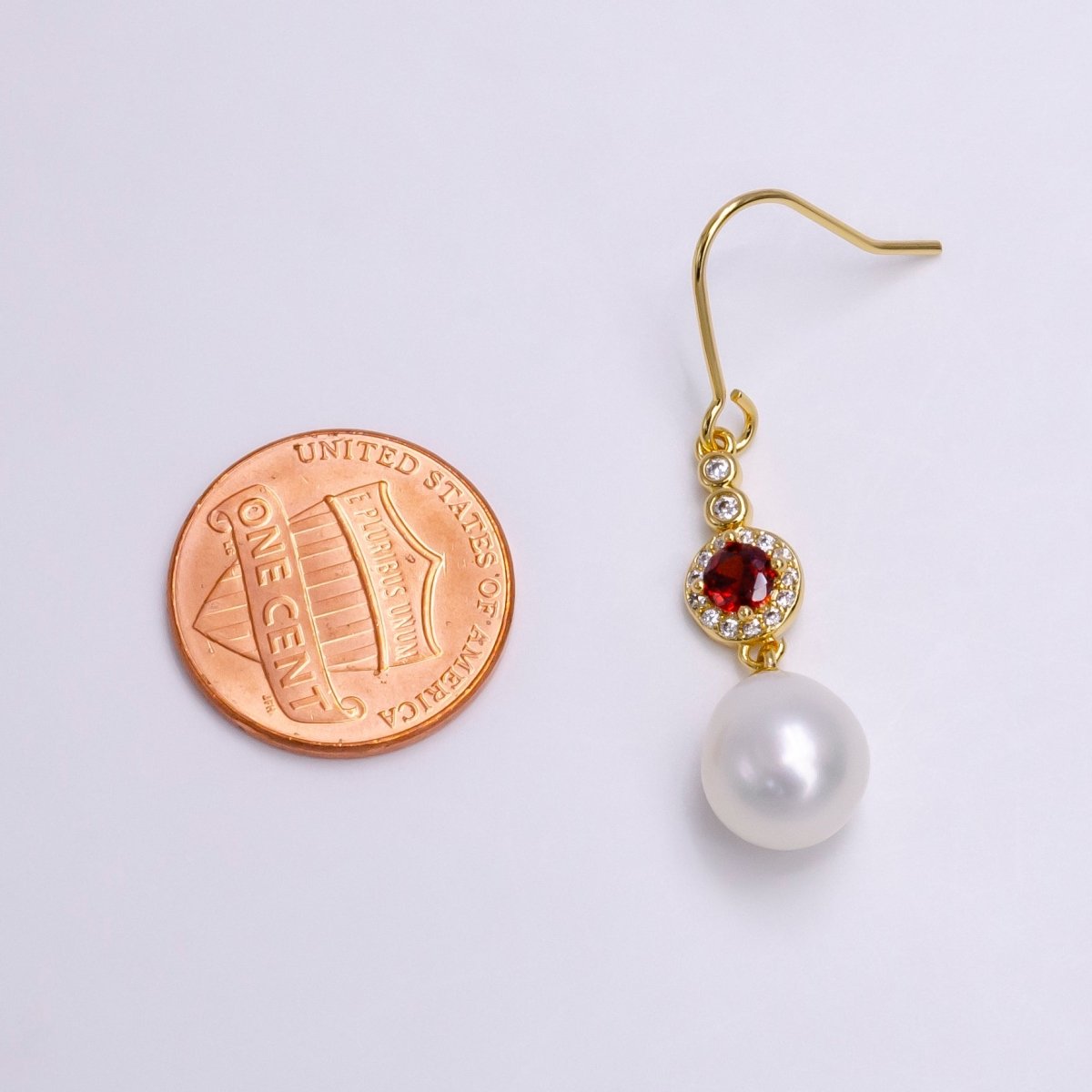 16K Gold plated Pearl Drop Micro Paved Round Red CZ French Hook Earrings | AE776 - DLUXCA