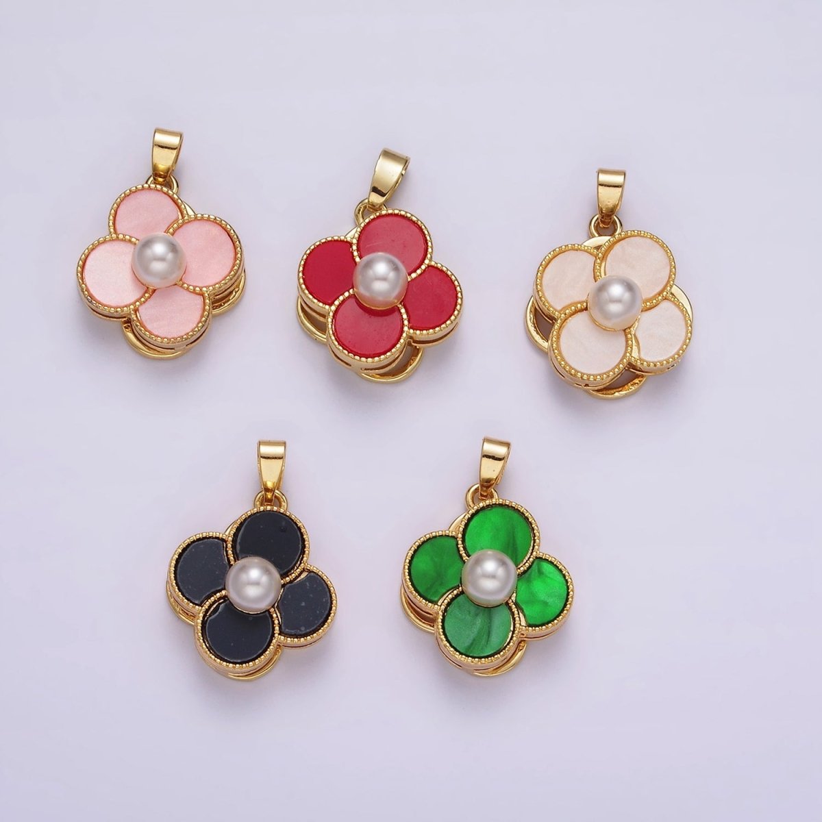 16K Gold plated Pearl Flower Quatrefoil Spinner Pendant | AA1099 - AA1101 - DLUXCA